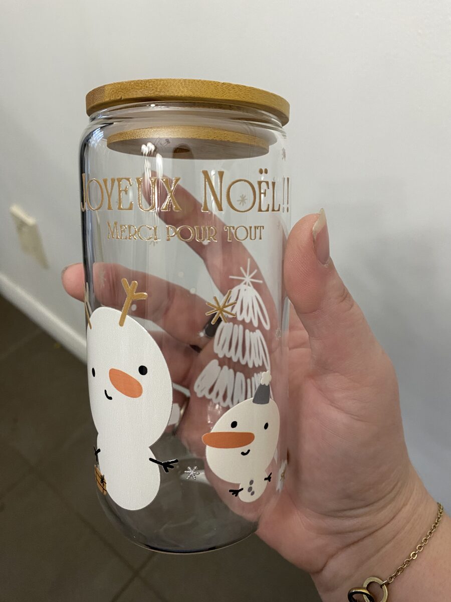 Verre pot joyeux noel bonhomme neige – Créations Rose, impression et personnalisation en Beauce
